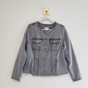 LOGO by Lori Goldstein Lea Frayed Hem Denim Jacket Women 14 Gray Casual Boho